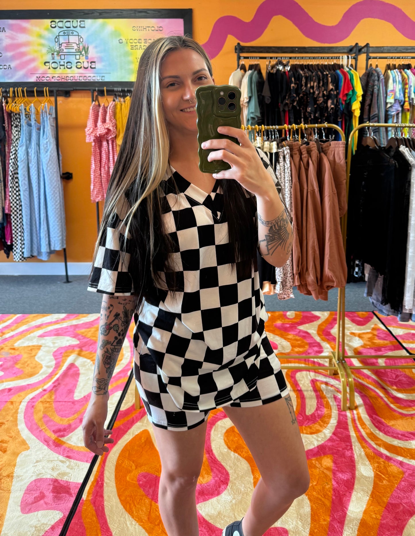 Black White Checkered Shorts Set