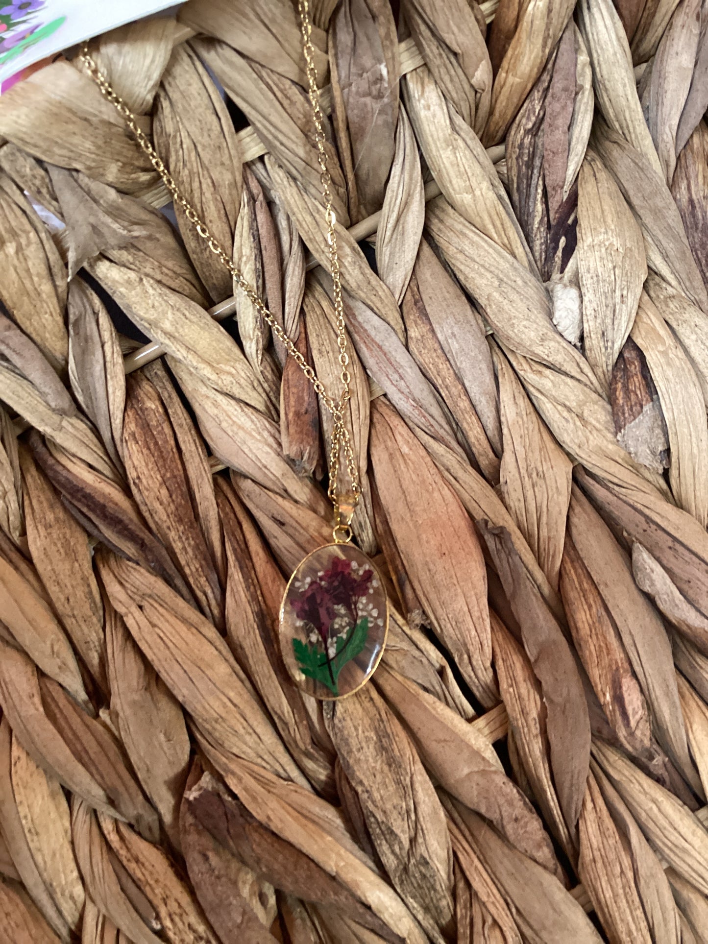 Gold Oval Pressed Flower Necklace