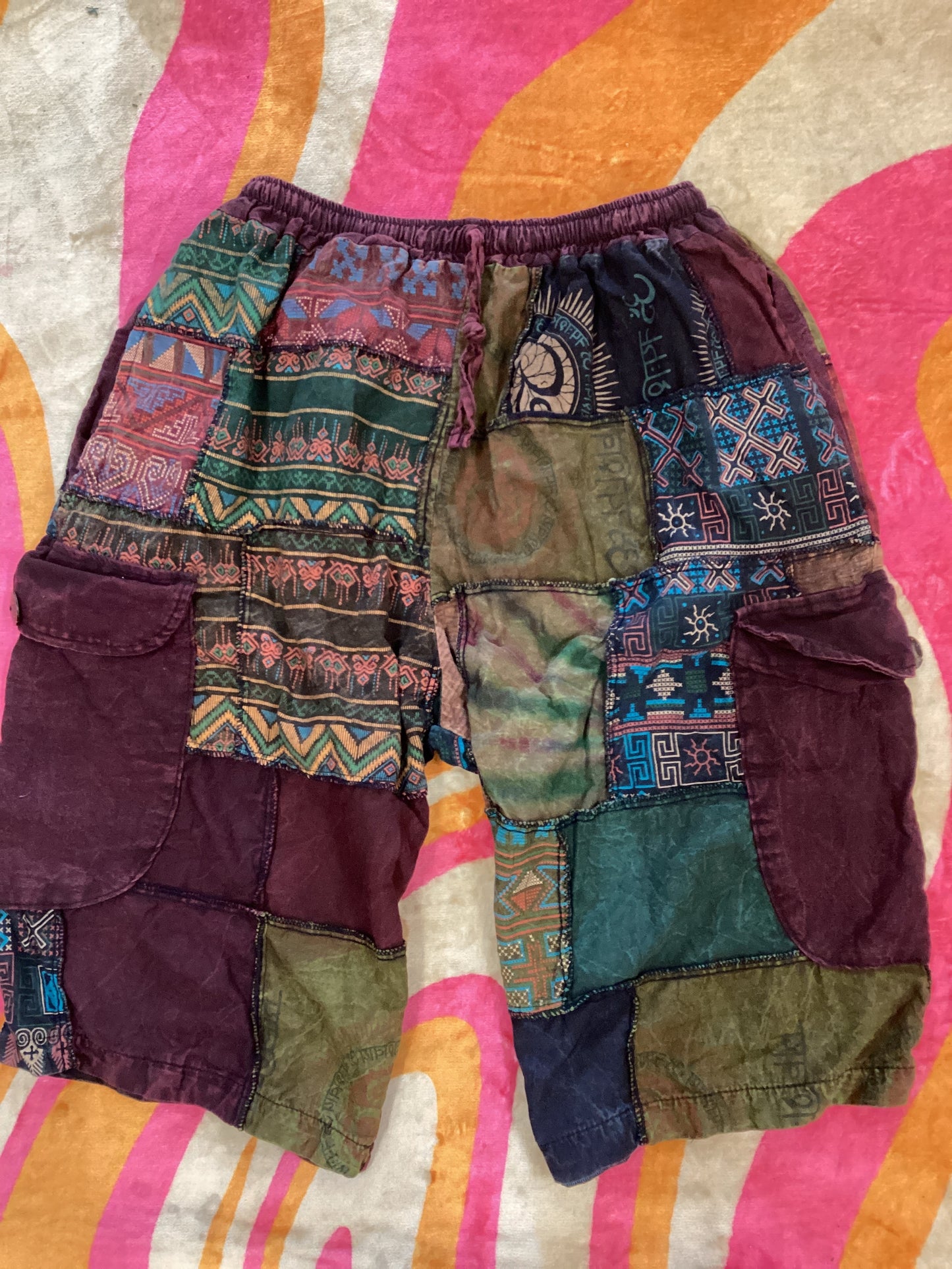 Deep Maroon Unisex Patchwork Shorts