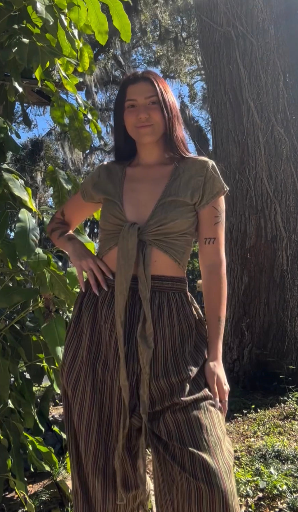 🪵🌿🌲 STONEWASH WOODLAND CROPPED WRAP TIE TOP