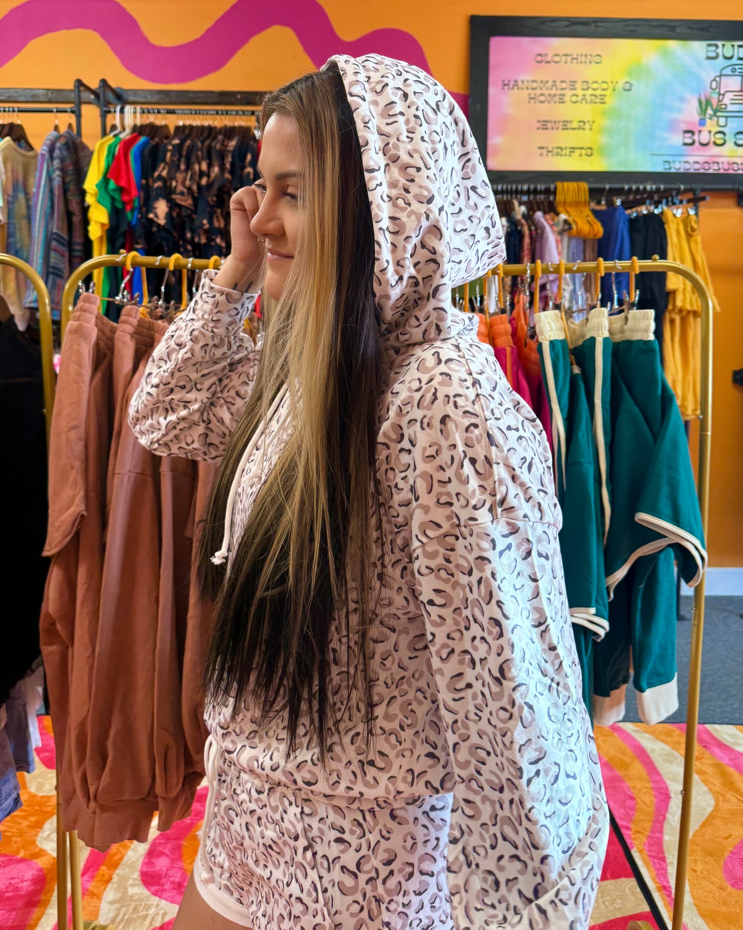 Leopard Printed Long Sleeve Hoodie and Shorts Two Piece Set