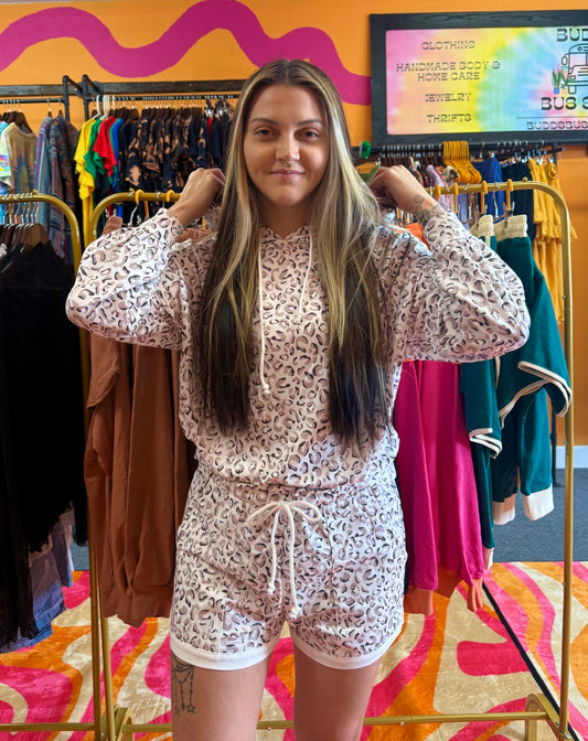 Leopard Printed Long Sleeve Hoodie and Shorts Two Piece Set
