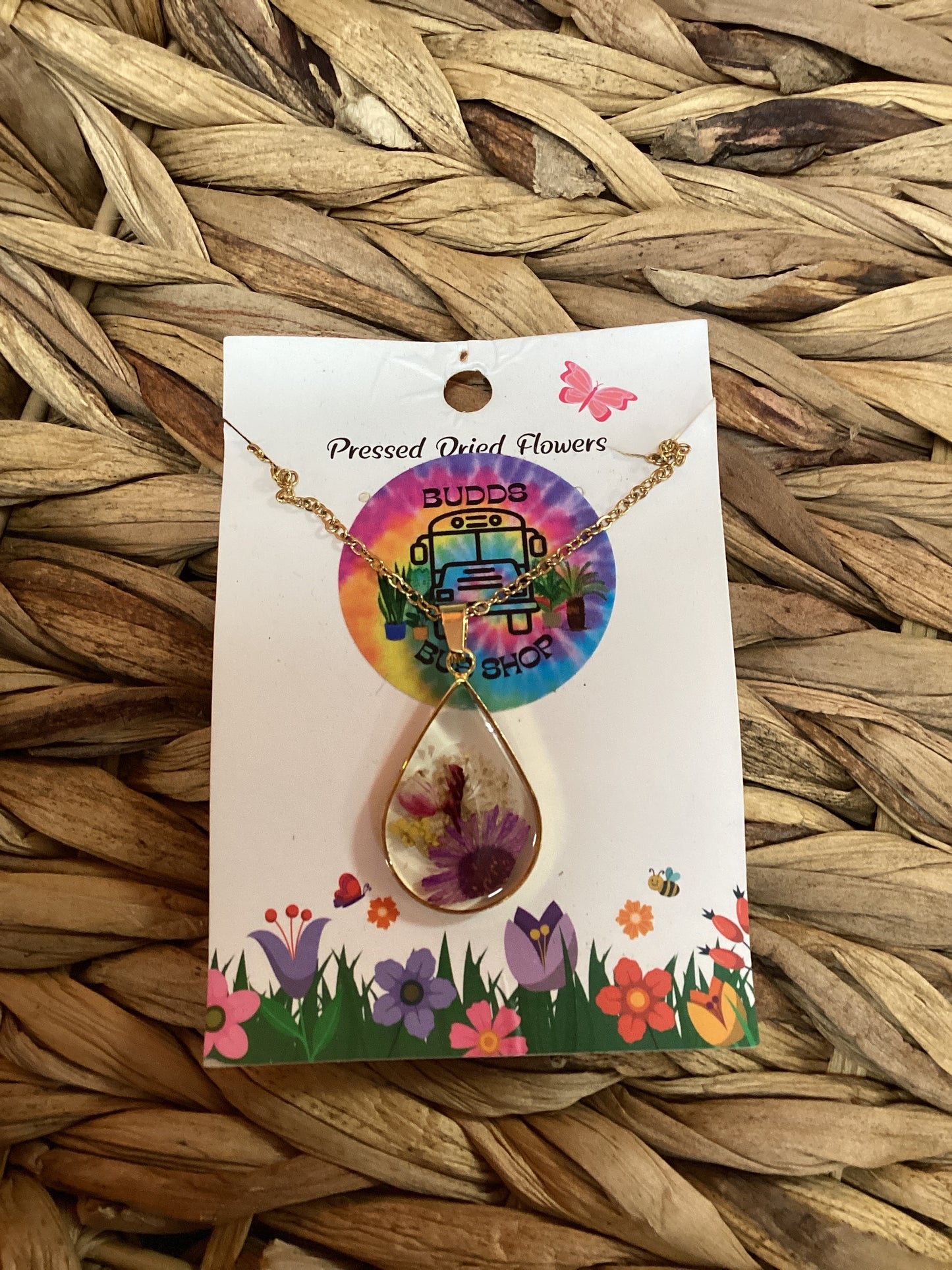 Gold Teardrop Pressed Flower Necklace