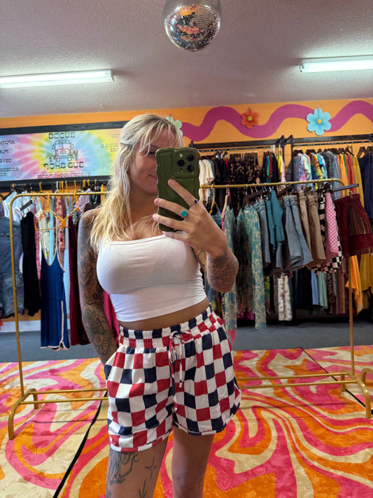 Red white and blue checkered shorts