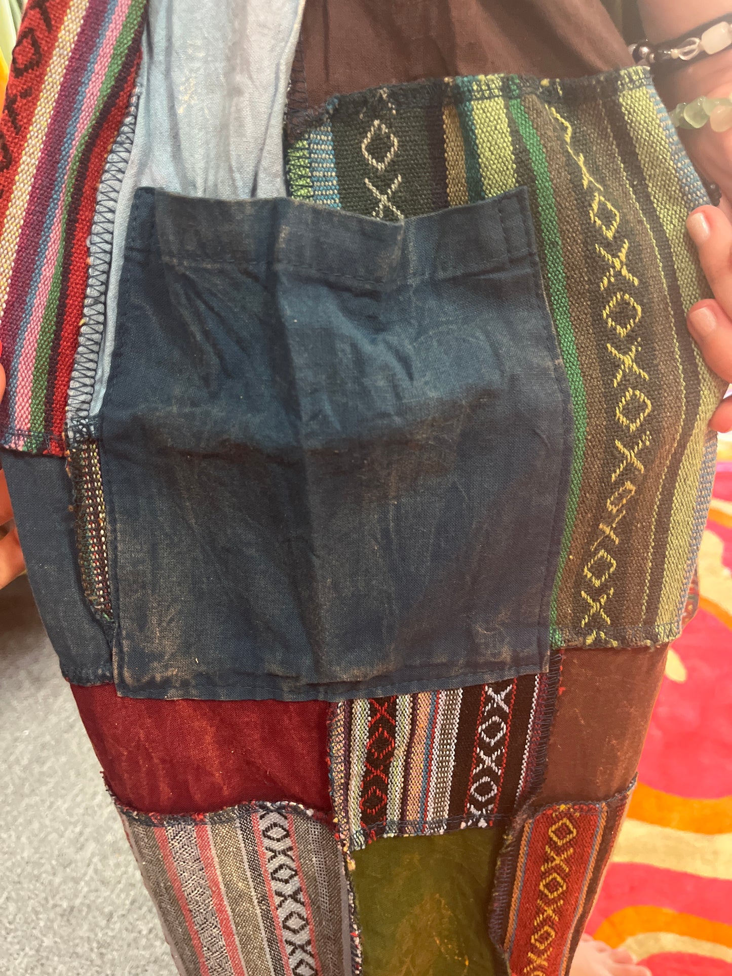 Patchwork low crotch harem pants