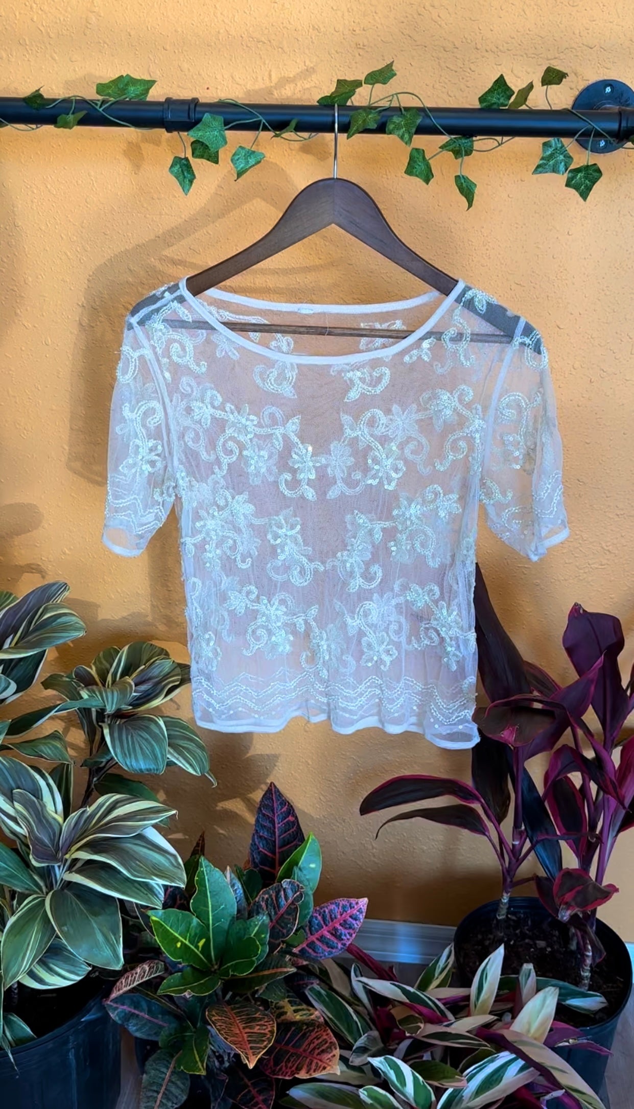 (S/M ) Mesh Beaded Embroidered Top