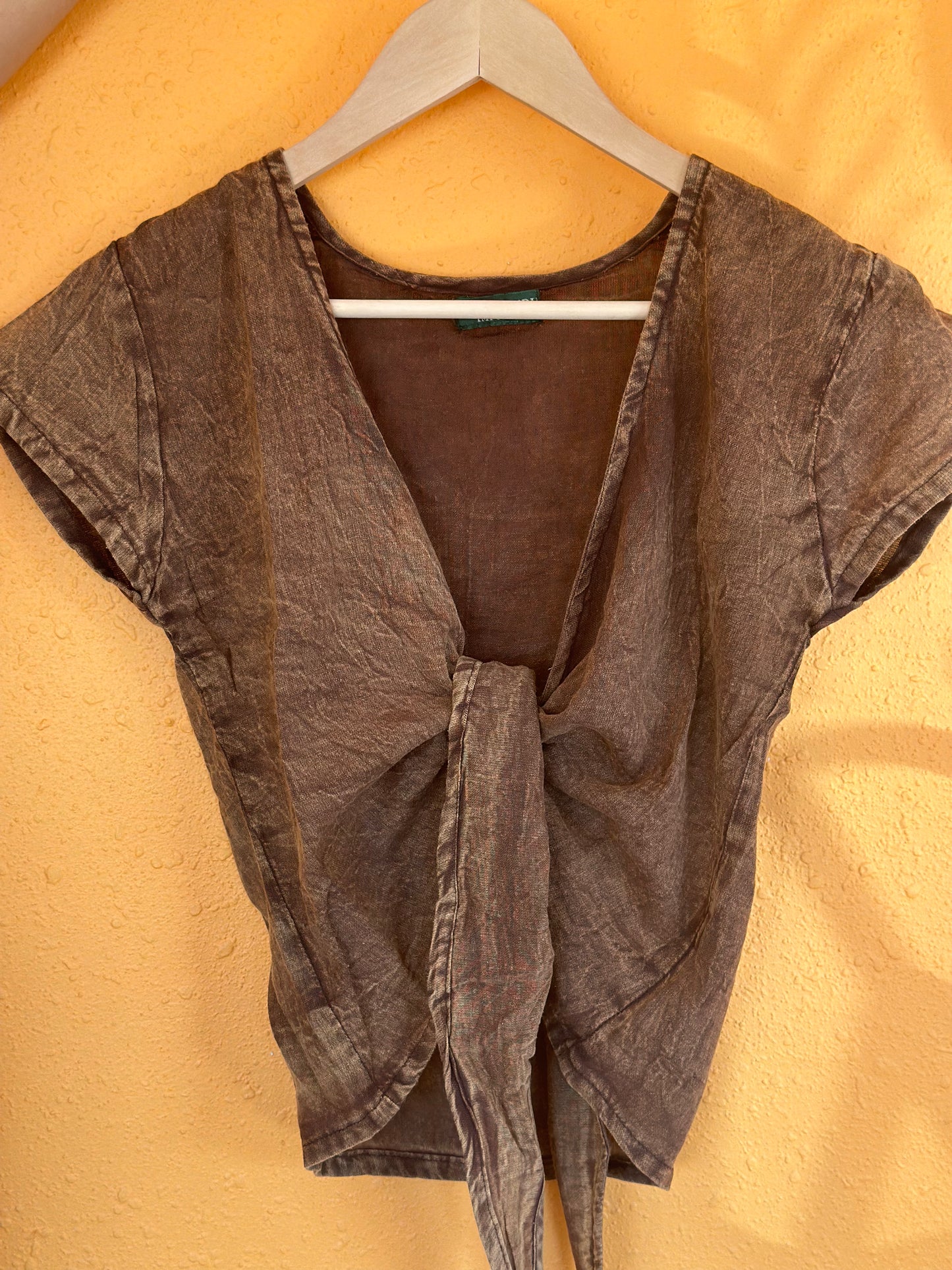 🪵🌿🌲 STONEWASH WOODLAND CROPPED WRAP TIE TOP