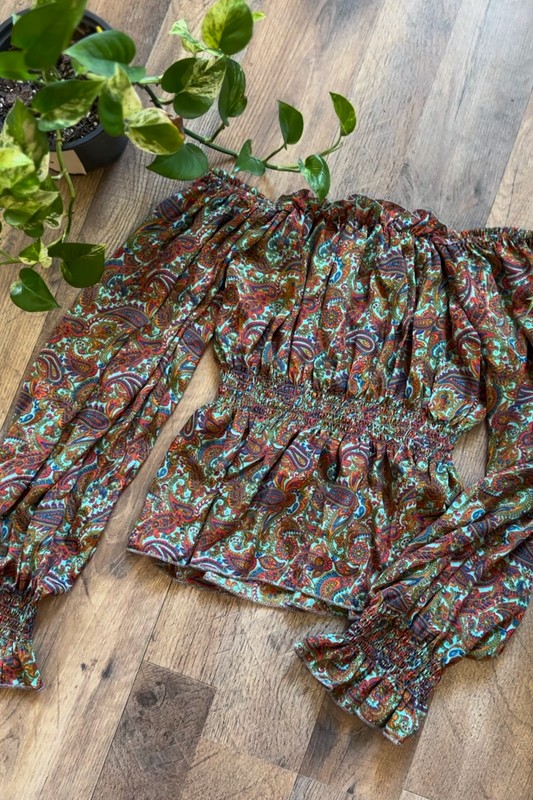 Ruffle Paisley Off The Shoulder Top