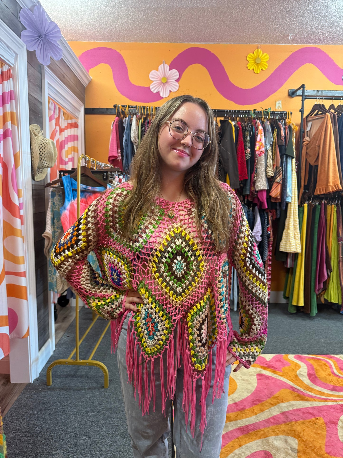 Pink crochet fringe top