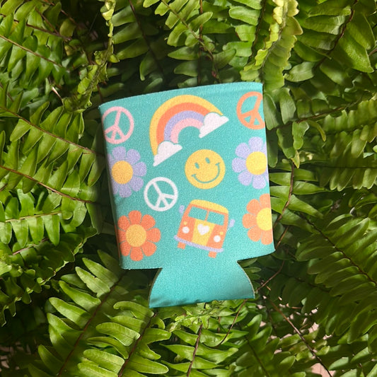GROOVY TEAL PEACE SIGN SMILEY RAINBOW COOZIE