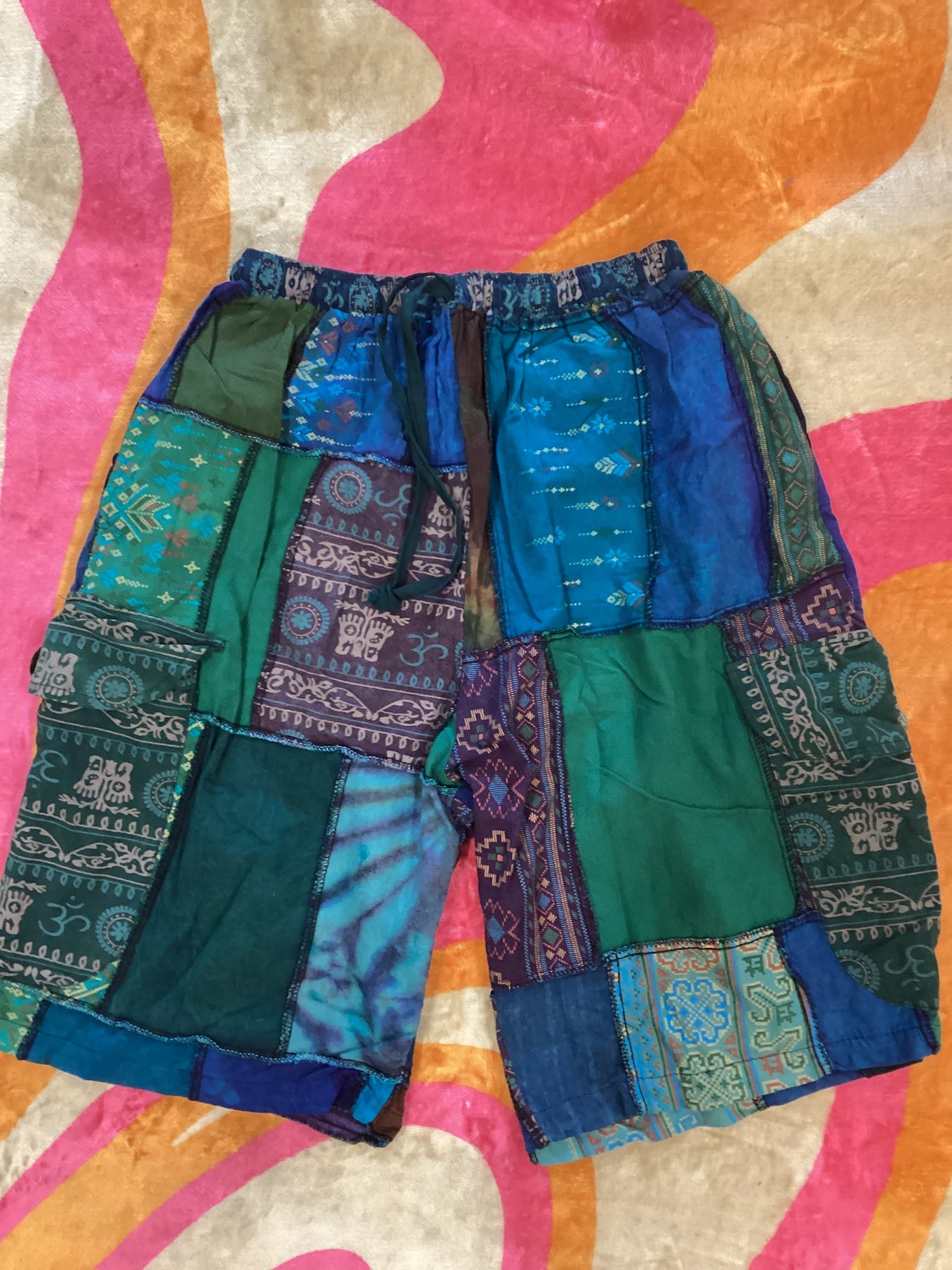 Blue Unisex Patchwork Shorts
