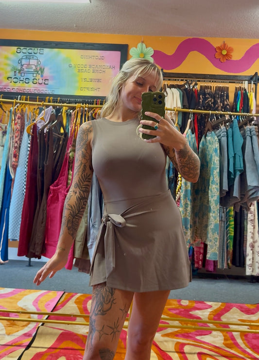 Gray/ Brown Tie Romper Dress