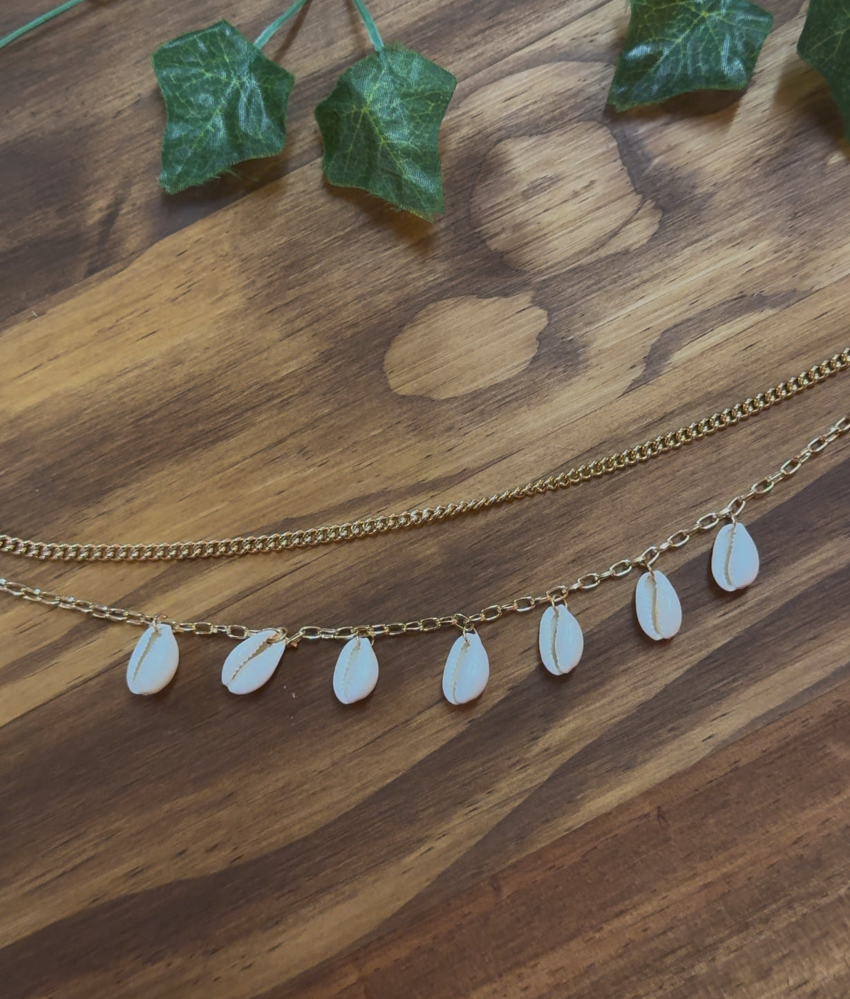 Stainless steel 18k gold plated double chain puka shell necklace