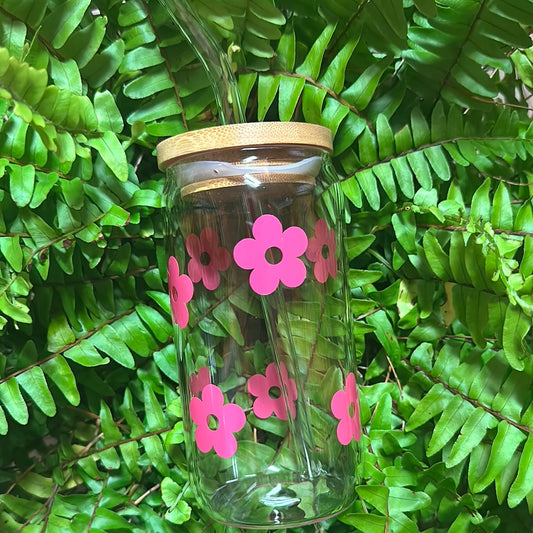 PINK FLOWER 16 OZ GLASS CUP