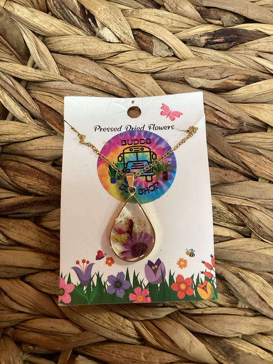 Gold Teardrop Pressed Flower Necklace