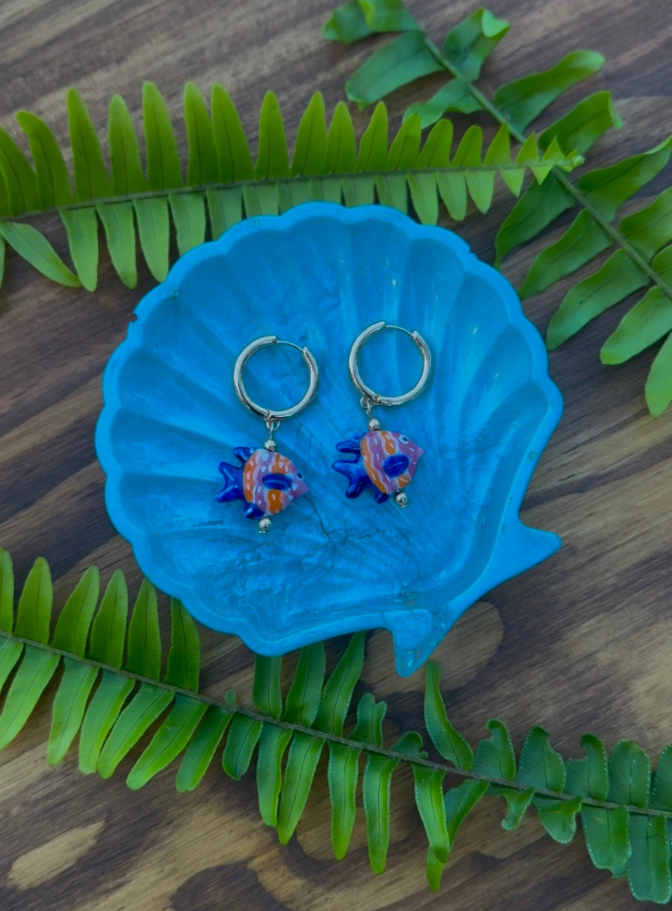 Pink orange and blue fish earrings