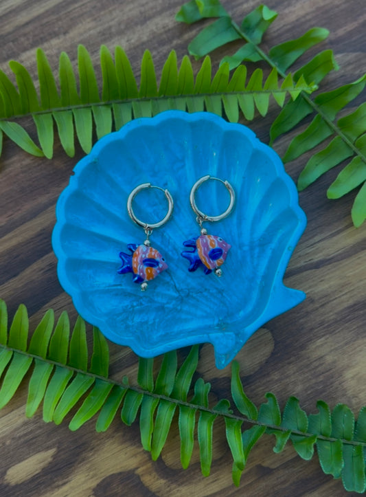 Pink orange and blue fish earrings