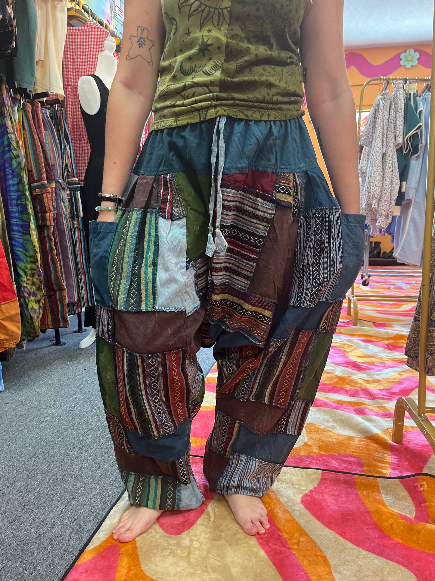 Patchwork low crotch harem pants