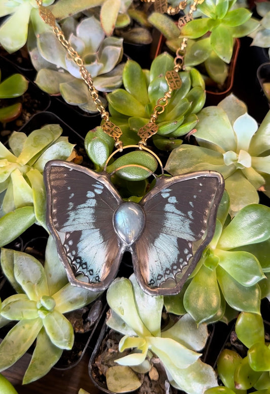 BLUE DREAM B&B LABRADORITE STONE BODY STAINED GLASS ENCASED BUTTERFLY PENDANT🦋