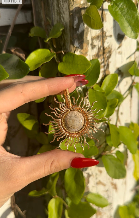 FOSSILIZED CORAL SUN WIRE WRAPPED PENDANT