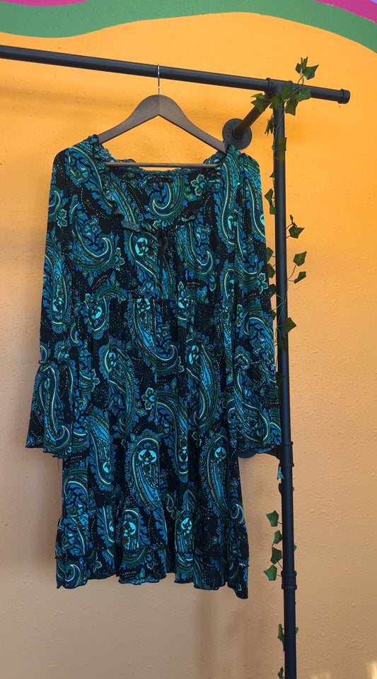 (L) Blue Long Sleeve Paisley Dress