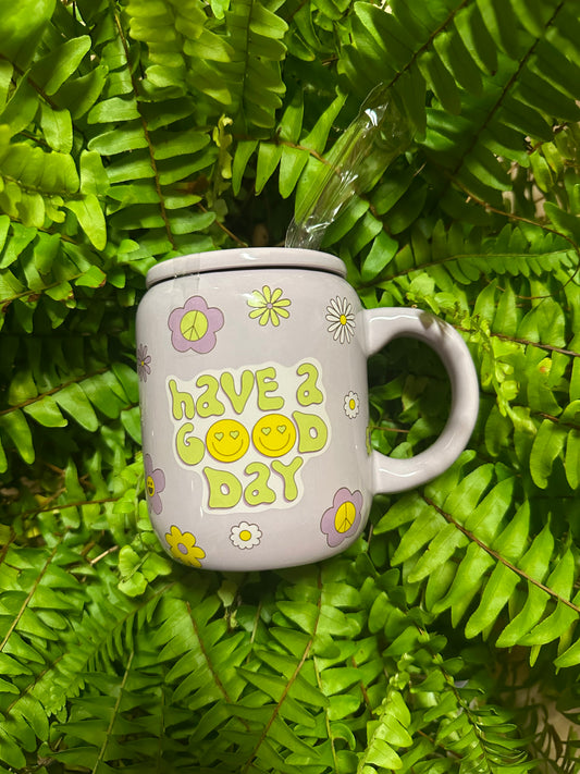 HAVE A GOOD DAY COFFEE MUG WITH LID AND STRAW