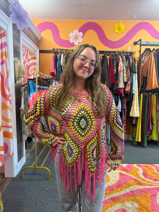 Pink crochet fringe top