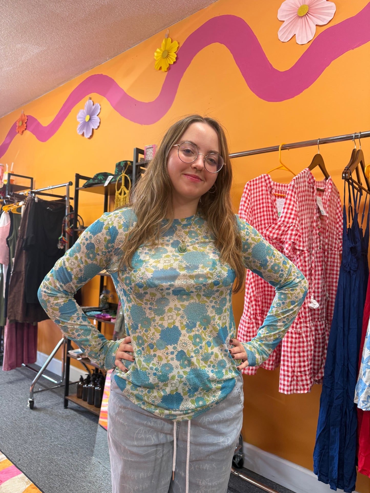 Blue flower mesh top